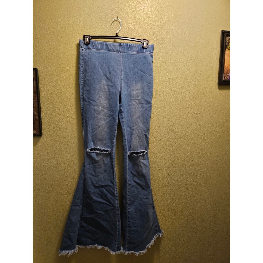 Newbury Kustom Pull on Distressed Flare Jeans - Picture 2 of 4